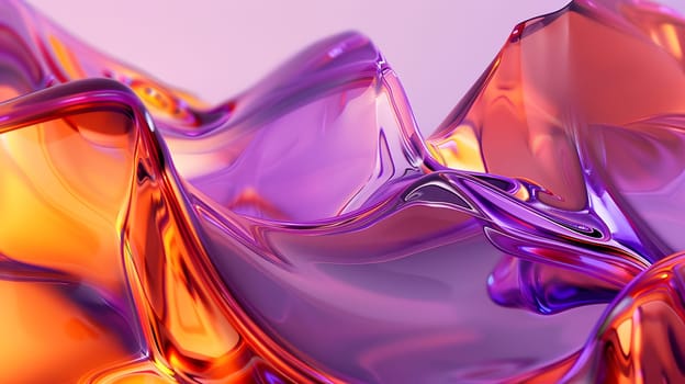 The artwork features dynamic abstract shapes in vivid shades of purple and orange