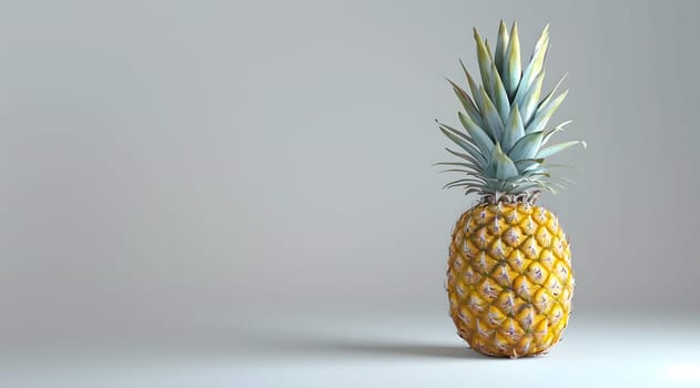 A pineapple, a fruit from a terrestrial plant, is placed on a white rectangular surface. The ananas is a natural food with liquid that comes from natural materials