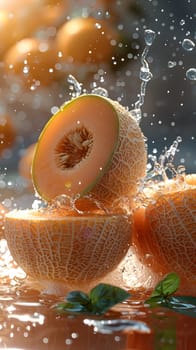 A cantaloupe, a terrestrial plant, is being splashed with water for a refreshing dish or ingredient in a recipe