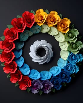 A beautiful arrangement of rainbow paper flowers with a white flower at the center