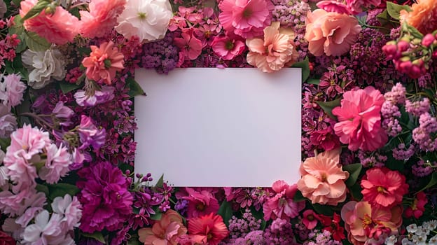 A white card is adorned with a colorful arrangement of pink and purple flowers, creating a beautiful display of creative arts and vibrant petals