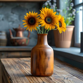 Bright sunflowers in a weathered vase on a rustic wooden table in a cozy kitchen.