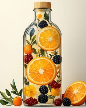 Transparent bottle with water and berries on a light background. Selective focus.