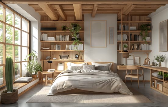 A cozy bedroom in a house with a bed, shelves, a desk, and a window overlooking a plant. The room is furnished with wood furniture and shelving on the floor