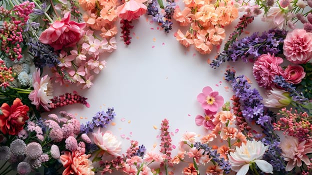 A creative arts display of pink and magenta terrestrial plants arranged in a circular pattern on a white background, resembling a coral reef made of natural materials