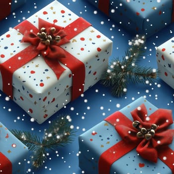 Seamless pattern, illustration with a Christmas tree and gifts on a blue background. Selective focus.