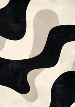 The artwork features dynamic wavy shapes in black and grey against a light background