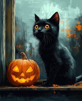 Illustration black cat is going to celebrate halloween. Selective focus.