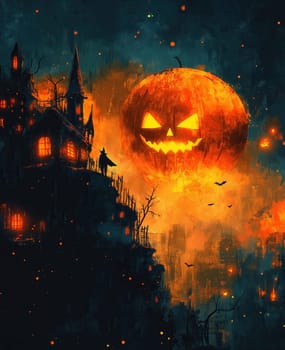 Illustration of a menacing Halloween pumpkin moon. Selective focus.