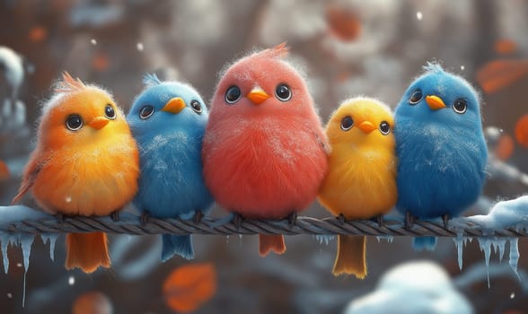 Illustration frozen colorful birds sitting on a wire on a winter day. Selective focus.