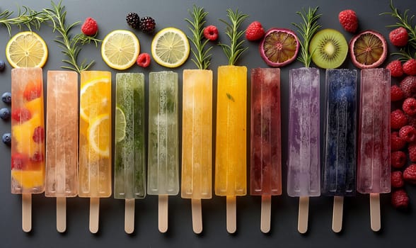 Fruit ice lolly, with berries and citrus slices on a dark background. Selective focus.