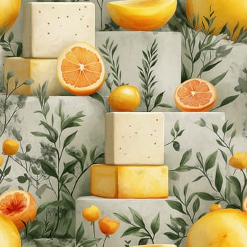 Seamless pattern, illustration with an assortment of soaps. Selective focus.