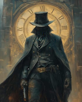A mysterious figure in a dark cloak and top hat stands against the background of a clock. Selective focus.