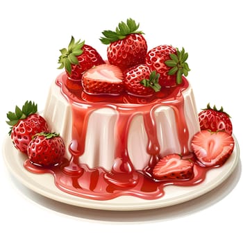 A delicious dessert featuring fresh strawberries on top of a decadent cake, served on a beautiful dishware. This natural food recipe is perfect for any occasion