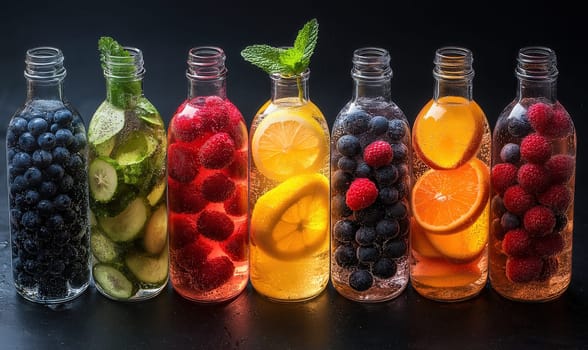 Drinks with fresh fruits, berries and mint on a dark background. Selective focus.