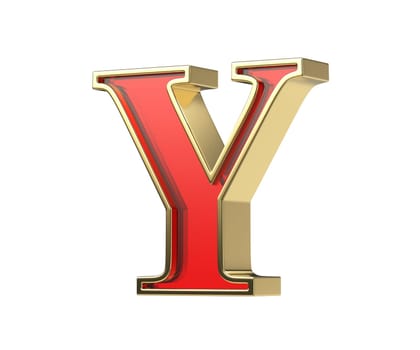 Red glass letter Y with a shiny golden frame, isolated on a white background