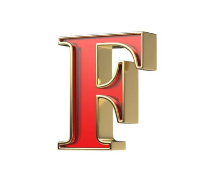 Red glass letter F with a shiny golden frame, isolated on a white background
