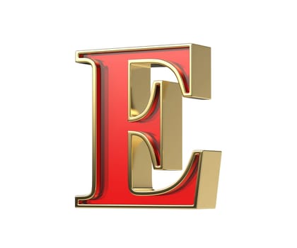 Red glass letter E with a shiny golden frame, isolated on a white background