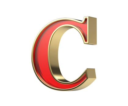 Red glass letter C with a shiny golden frame, isolated on a white background