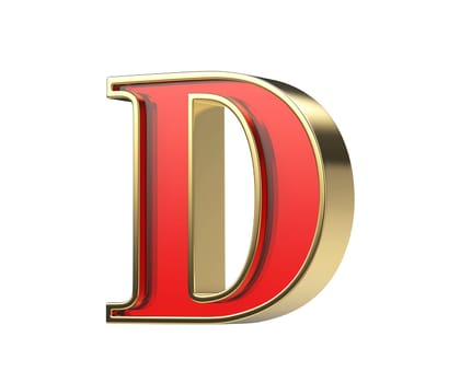 Red glass letter D with a shiny golden frame, isolated on a white background