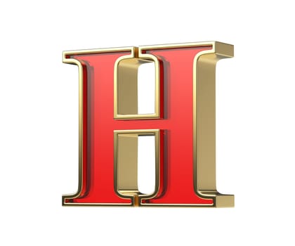 Red glass letter H with a shiny golden frame, isolated on a white background