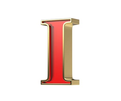 Red glass letter I with a shiny golden frame, isolated on a white background