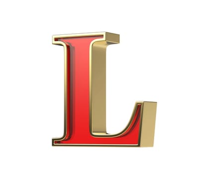 Red glass letter L with a shiny golden frame, isolated on a white background