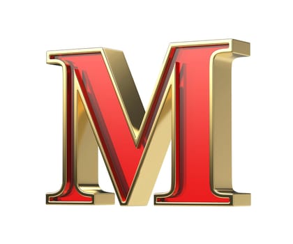 Red glass letter M with a shiny golden frame, isolated on a white background