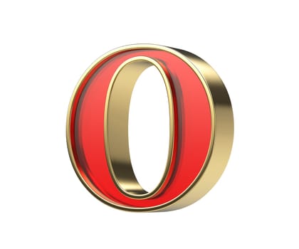 Red glass letter O with a shiny golden frame, isolated on a white background