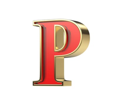 Red glass letter P with a shiny golden frame, isolated on a white background