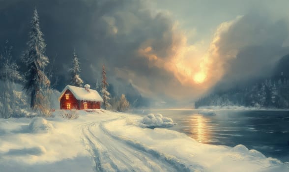 Winter picture, with the image of a snowy road and an adorable house. Selective focus.