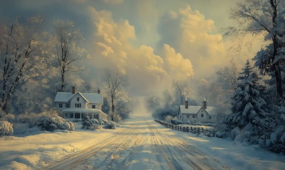 Winter picture, with the image of a snowy road and charming houses. Selective focus.