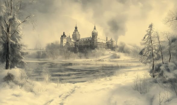 Winter picture, with the image of a snowy road and an adorable castle. Selective focus.