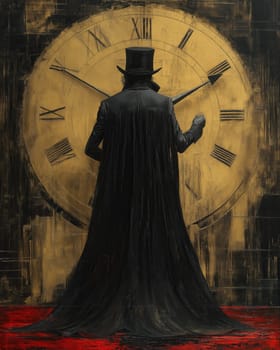 A mysterious figure in a dark cloak and top hat stands against the background of a clock. Selective focus.