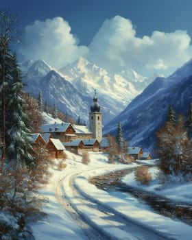 Winter picture, with the image of a snowy road and charming houses. Selective focus.