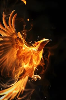 The phoenix, a mythical creature, flies gracefully with fiery trails in a vibrant display