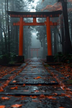 A torii gate stands in the midst of a foggy forest, surrounded by water and towering trees. The mist adds a sense of mystery and serenity to the natural landscape
