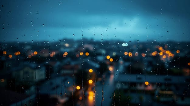 Raindrops cascade down a window, blurring the evening cityscape filled with glowing streetlights and a soft, moody atmosphere - Generative AI