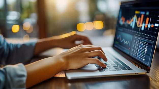 A person focused on a laptop, engaging with financial data represented through various charts and graphs. The warm afternoon light adds a cozy atmosphere to the coffee shop setting - Generative AI