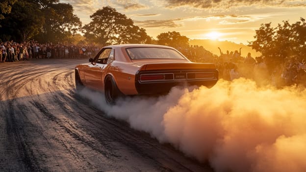 Powerful sports cars race through city streets at sunset, leaving a trail of smoke, thrilling spectators with high speed action