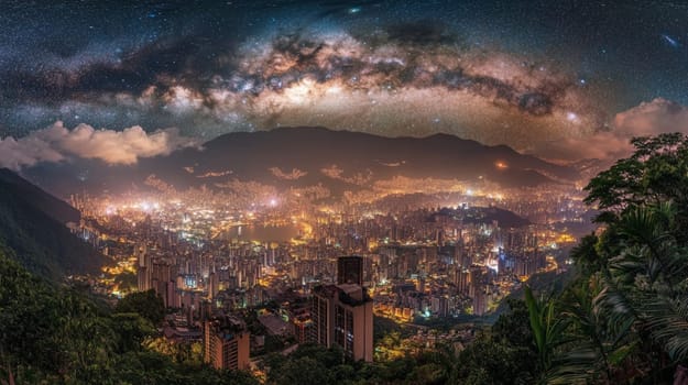 Caracas skyline shining under the milky way galaxy, a panoramic view of the city at night with the stars shining bright above
