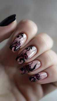 Closeup of a womans nails showcasing an intricate violet nail polish design. The manicure highlights each finger and thumb, emphasizing the artistic gesture of nail care