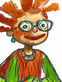 Vibrant illustration of a cheerful woman with spiky red hair and round glasses, showcasing a unique and quirky style on a white background