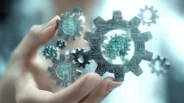Businesswoman is connecting two digital gears, representing the concept of teamwork and collaboration in achieving technological advancement and innovation