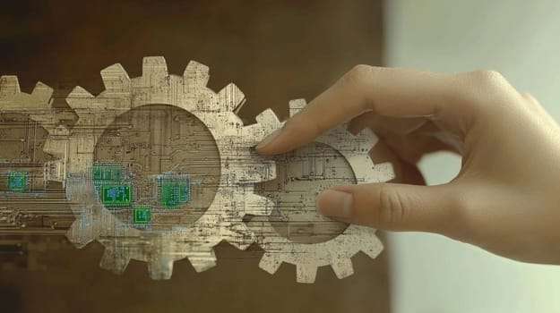 Businesswoman is connecting two digital gears, representing the concept of teamwork and collaboration in achieving technological advancement and innovation