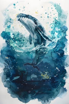 A majestic whale gracefully swims through the water in a stunning watercolor painting, showcasing the beauty of marine life in art