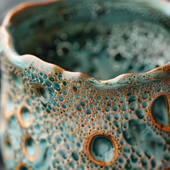 A closeup of an electric blue and metal ceramic cup with circle pattern and holes resembling a reef underwater, inspired by terrestrial plants and animals, perfect for macro photography