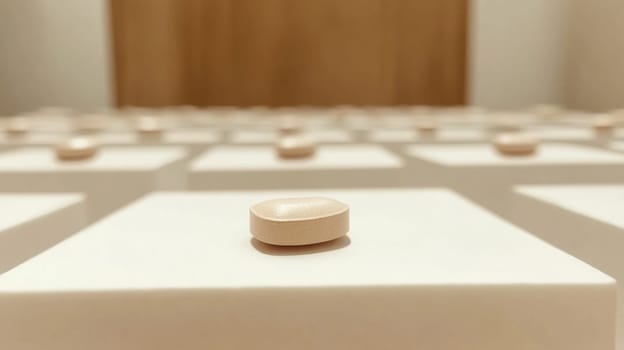 Single pill stands out among many blurred pills on a white background, symbolizing individuality and uniqueness in healthcare