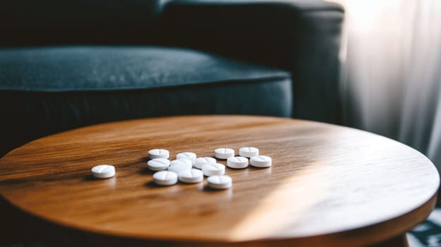 Pile of white pills is lying on a wooden coffee table in a living room, suggesting potential themes of medication, healthcare, or the challenges of maintaining well being