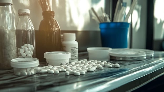 Colorful pills neatly arranged on a counter, waiting for a pharmacist to pack them into blister packs. Essential healthcare process captured in the image